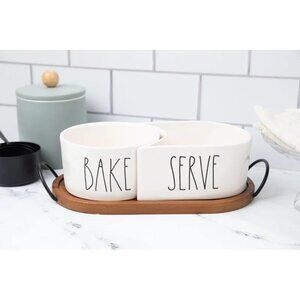 RAE DUNN by Magenta BAKE & SERVE Ceramic Baking Dish Set with wood tray